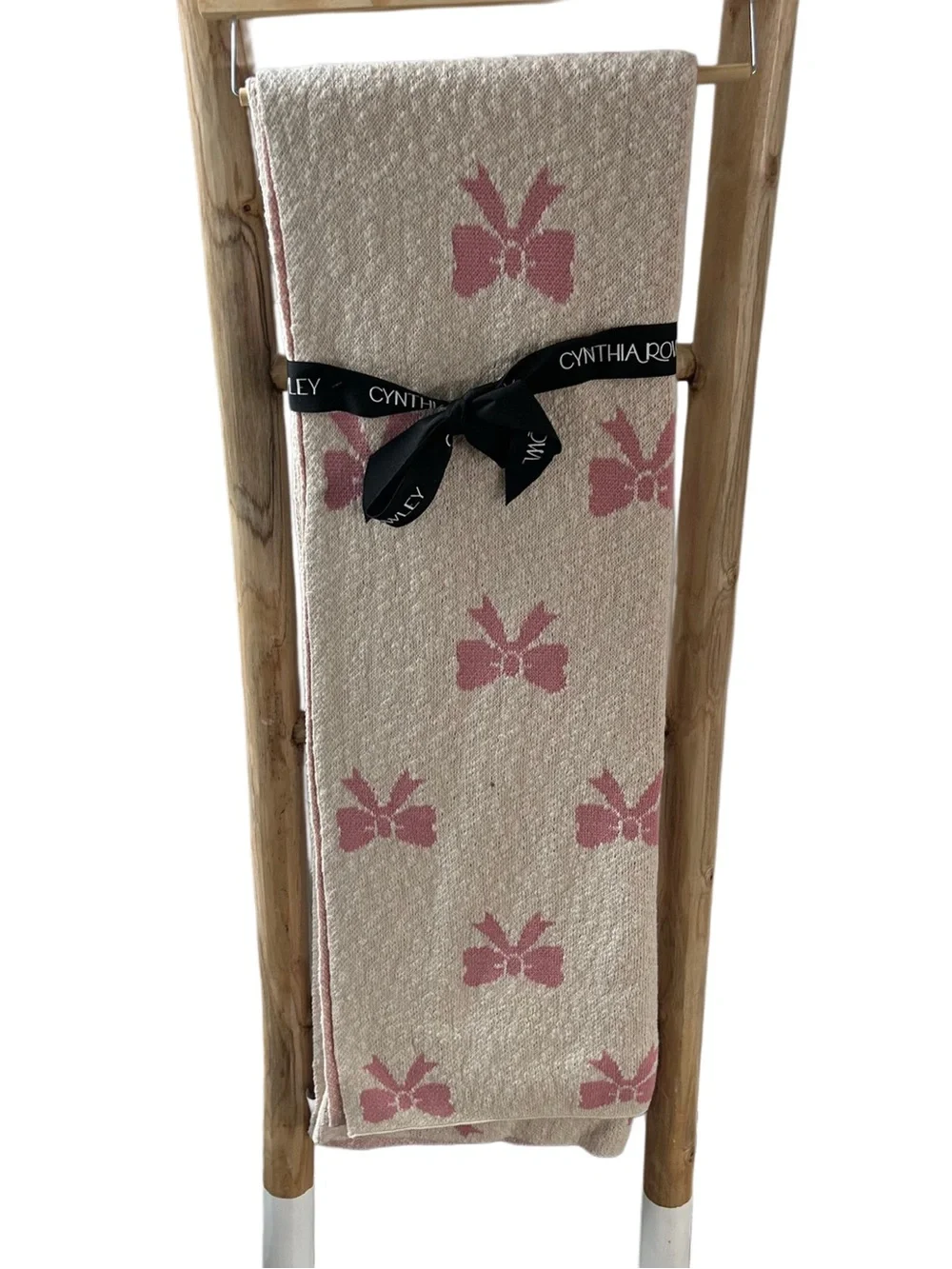 Cynthia Rowley Coquette Pink Bow Knit Throw Blanket & Pillow Matching Bundle Set